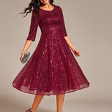 ever SIENNA|Robe d'invitée de mariage à manches 3/4 et col rond en sequins(Vente Finale)