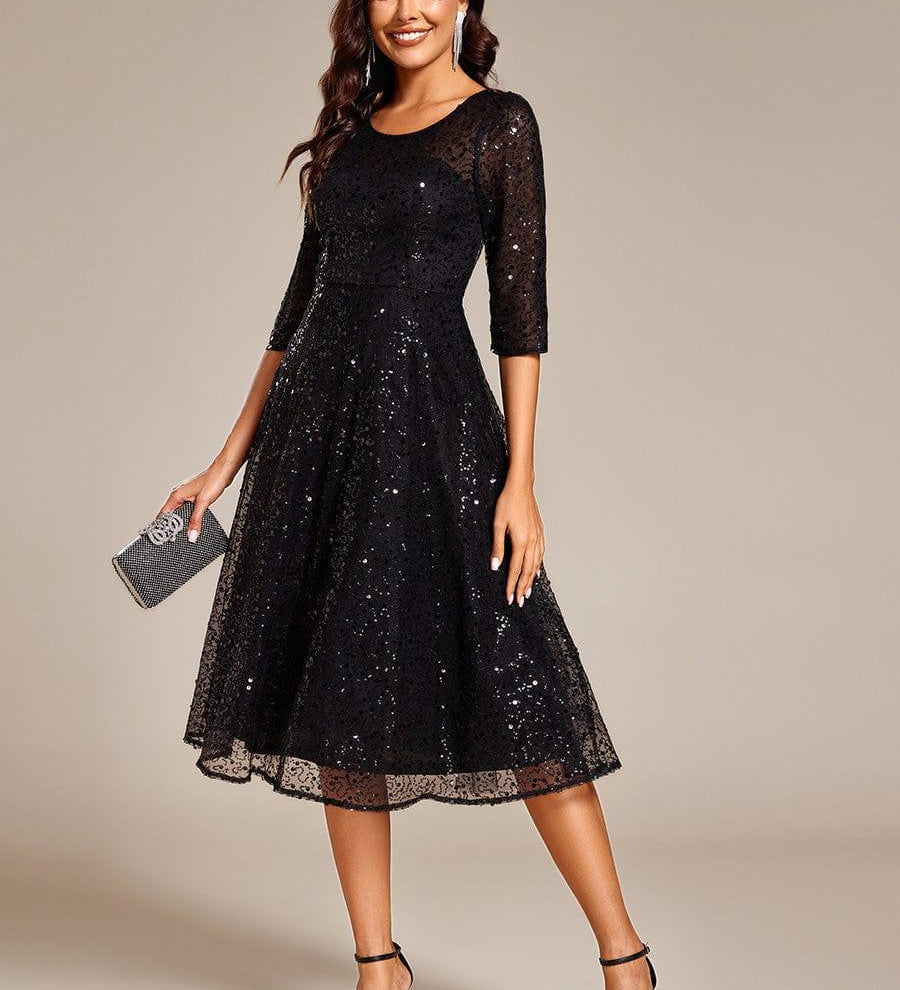 ever SIENNA|Robe d'invitée de mariage à manches 3/4 et col rond en sequins(Vente Finale)