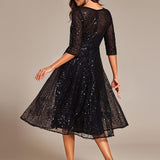 ever SIENNA|Robe d'invitée de mariage à manches 3/4 et col rond en sequins(Vente Finale)