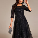 ever SIENNA|Robe d'invitée de mariage à manches 3/4 et col rond en sequins(Vente Finale)