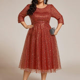 ever SIENNA|Robe d'invitée de mariage à manches 3/4 et col rond en sequins(Vente Finale)