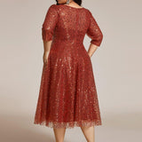 ever SIENNA|Robe d'invitée de mariage à manches 3/4 et col rond en sequins(Vente Finale)