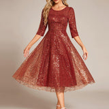 ever SIENNA|Robe d'invitée de mariage à manches 3/4 et col rond en sequins(Vente Finale)