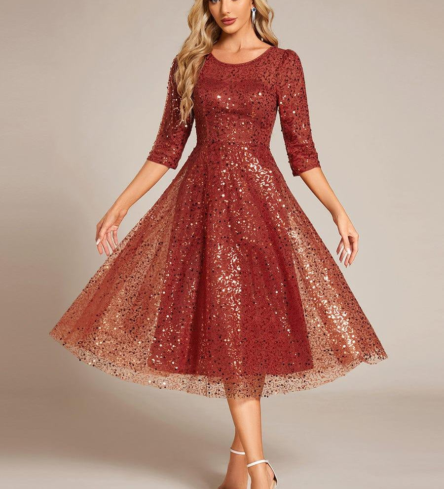 ever SIENNA|Robe d'invitée de mariage à manches 3/4 et col rond en sequins(Vente Finale)