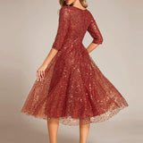 ever SIENNA|Robe d'invitée de mariage à manches 3/4 et col rond en sequins(Vente Finale)