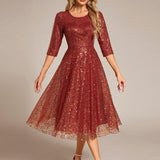 ever SIENNA|Robe d'invitée de mariage à manches 3/4 et col rond en sequins(Vente Finale)