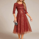 ever SIENNA|Robe d'invitée de mariage à manches 3/4 et col rond en sequins(Vente Finale)