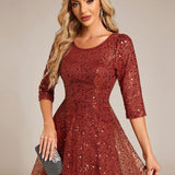 ever SIENNA|Robe d'invitée de mariage à manches 3/4 et col rond en sequins(Vente Finale)