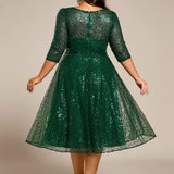 ever SIENNA|Robe d'invitée de mariage à manches 3/4 et col rond en sequins(Vente Finale)