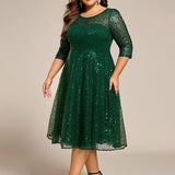 ever SIENNA|Robe d'invitée de mariage à manches 3/4 et col rond en sequins(Vente Finale)