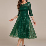 ever SIENNA|Robe d'invitée de mariage à manches 3/4 et col rond en sequins(Vente Finale)