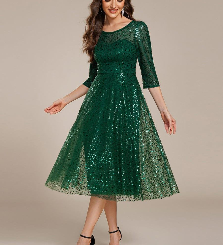 ever SIENNA|Robe d'invitée de mariage à manches 3/4 et col rond en sequins(Vente Finale)
