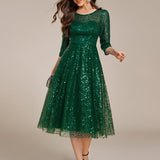 ever SIENNA|Robe d'invitée de mariage à manches 3/4 et col rond en sequins(Vente Finale)