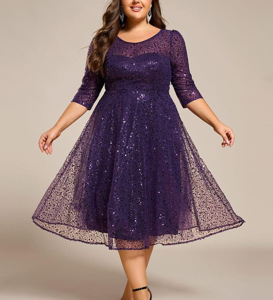 ever SIENNA|Robe d'invitée de mariage à manches 3/4 et col rond en sequins(Vente Finale)