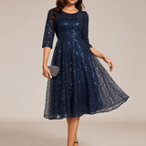 ever SIENNA|Robe d'invitée de mariage à manches 3/4 et col rond en sequins(Vente Finale)