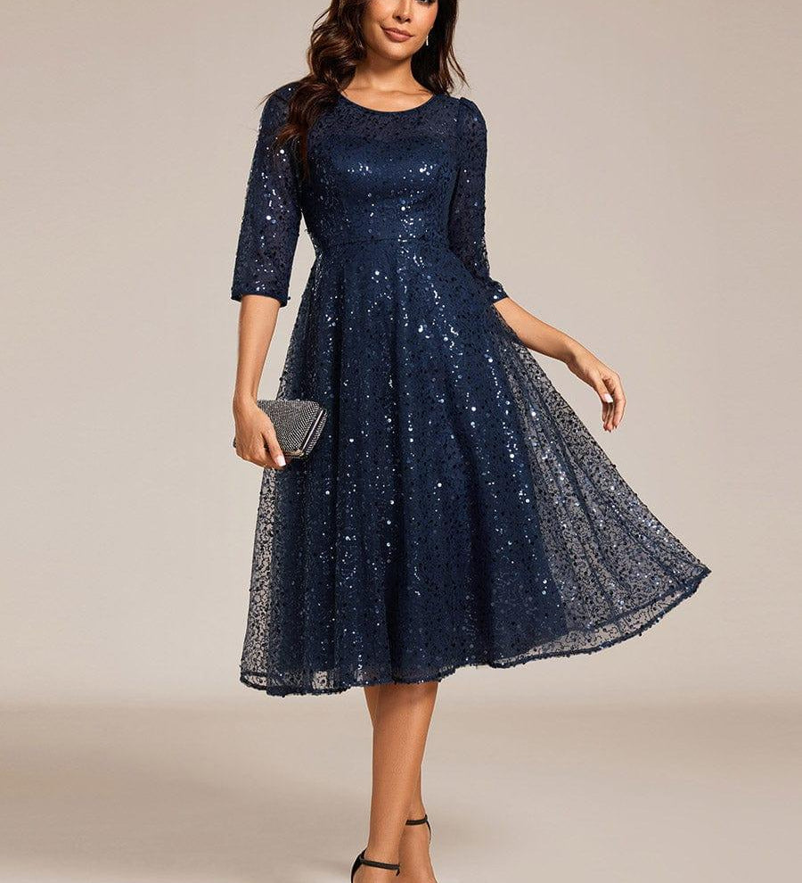 ever SIENNA|Robe d'invitée de mariage à manches 3/4 et col rond en sequins(Vente Finale)
