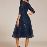 ever SIENNA|Robe d'invitée de mariage à manches 3/4 et col rond en sequins(Vente Finale)