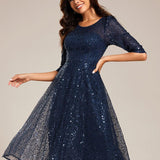 ever SIENNA|Robe d'invitée de mariage à manches 3/4 et col rond en sequins(Vente Finale)