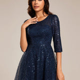 ever SIENNA|Robe d'invitée de mariage à manches 3/4 et col rond en sequins(Vente Finale)