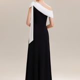 ever NOIR|Robe longue ajustée à encolure asymétrique débardée avec détail de noeud drapé en tissu extensible