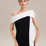 ever NOIR|Robe longue ajustée à encolure asymétrique débardée avec détail de noeud drapé en tissu extensible