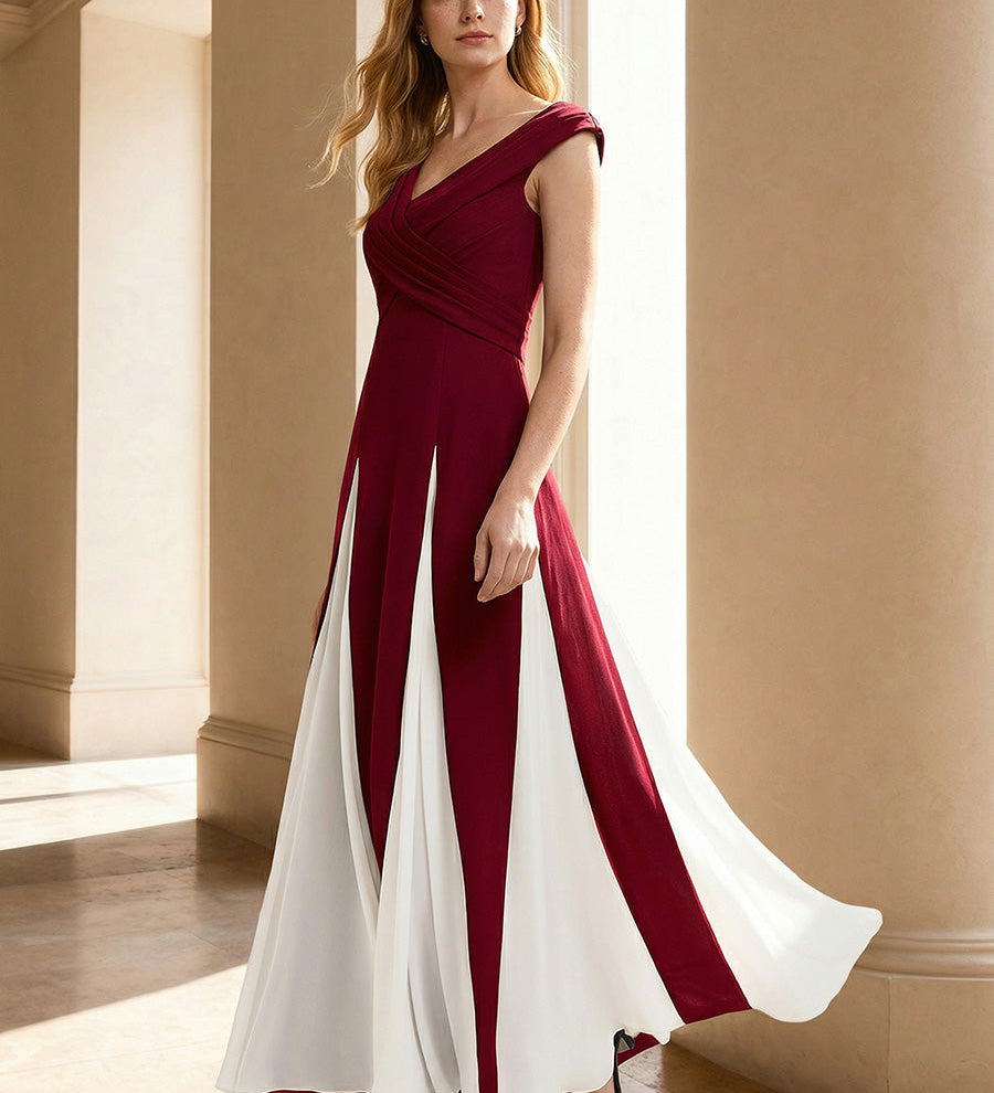 ever ONYX|Robe longue à encolure en V à manches courtes avec détails froncés en patchwork