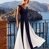 ever ONYX|Robe longue à encolure en V à manches courtes avec détails froncés en patchwork