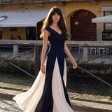 ever ONYX|Robe longue à encolure en V à manches courtes avec détails froncés en patchwork