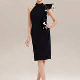 ever OBSIDIAN|Robe moulante à encolure col haut asymétrique à volants contrastés longueur genou en tissu extensible