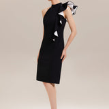ever OBSIDIAN|Robe moulante à encolure col haut asymétrique à volants contrastés longueur genou en tissu extensible