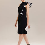 ever OBSIDIAN|Robe moulante à encolure col haut asymétrique à volants contrastés longueur genou en tissu extensible