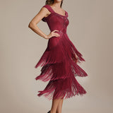 ever LUMINE|Robe midi à bretelles en forme de fourreau ornée de perles et de sequins avec décolleté carré