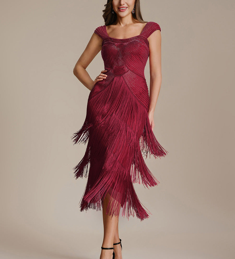 ever LUMINE|Robe midi à bretelles en forme de fourreau ornée de perles et de sequins avec décolleté carré