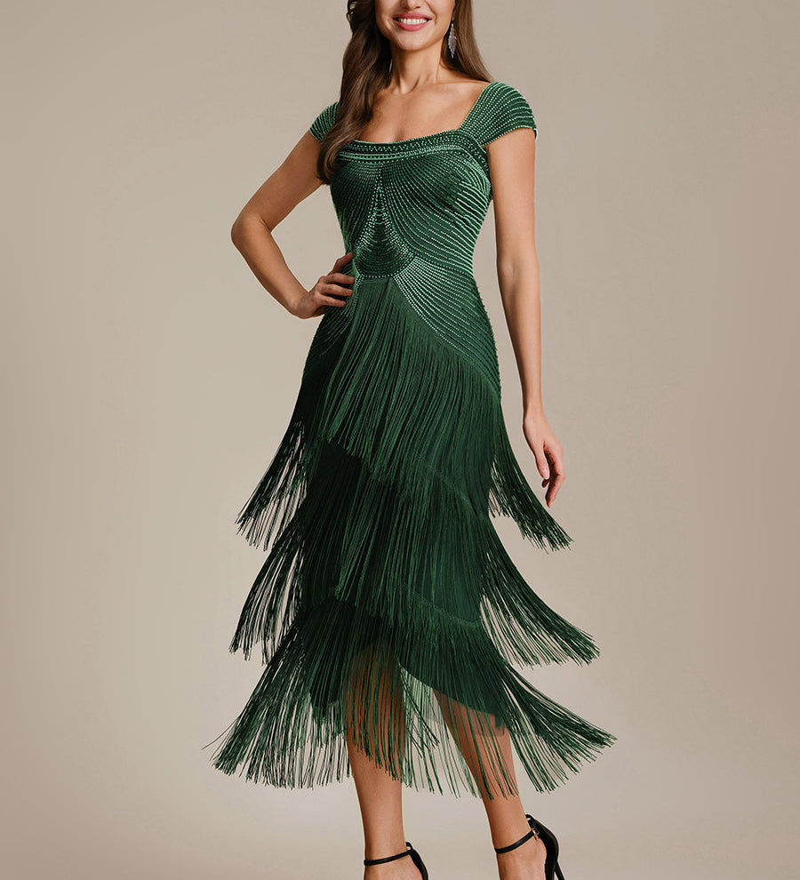 ever LUMINE|Robe midi à bretelles en forme de fourreau ornée de perles et de sequins avec décolleté carré