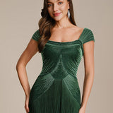ever LUMINE|Robe midi à bretelles en forme de fourreau ornée de perles et de sequins avec décolleté carré