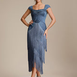 ever LUMINE|Robe midi à bretelles en forme de fourreau ornée de perles et de sequins avec décolleté carré