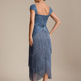 ever LUMINE|Robe midi à bretelles en forme de fourreau ornée de perles et de sequins avec décolleté carré