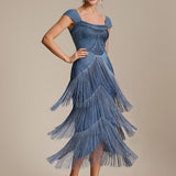 ever LUMINE|Robe midi à bretelles en forme de fourreau ornée de perles et de sequins avec décolleté carré