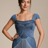 ever LUMINE|Robe midi à bretelles en forme de fourreau ornée de perles et de sequins avec décolleté carré