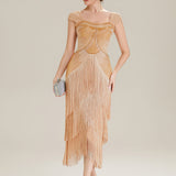 ever LUMINE|Robe midi à bretelles en forme de fourreau ornée de perles et de sequins avec décolleté carré
