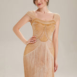 ever LUMINE|Robe midi à bretelles en forme de fourreau ornée de perles et de sequins avec décolleté carré