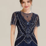 ever SOIREE|Robe midi à manches courtes avec volants et col rond ornée de patchwork en perles