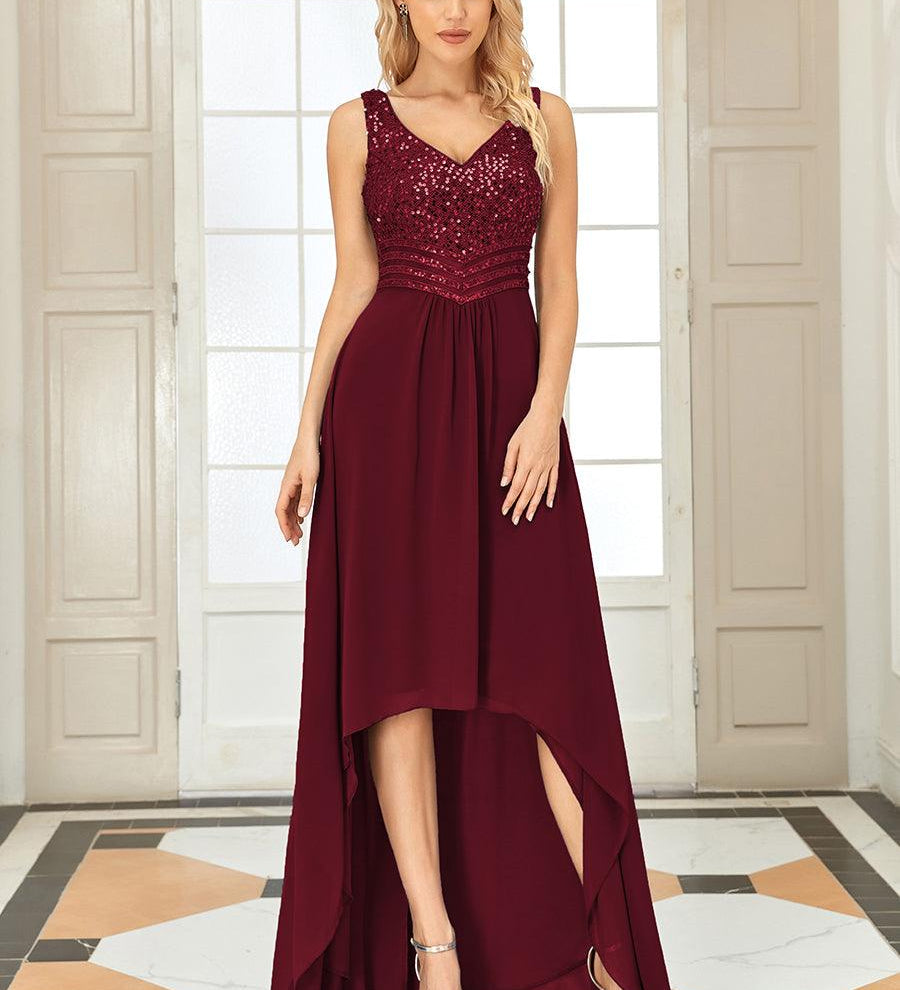 Robes de soirée sexy en mousseline de soie maxi haut-bas avec paillettes