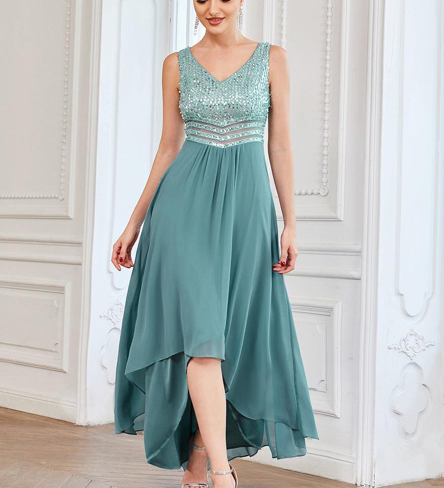 Robes de soirée sexy en mousseline de soie maxi haut-bas avec paillettes