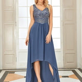 Robes de soirée sexy en mousseline de soie maxi haut-bas avec paillettes