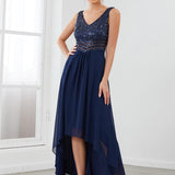 Robes de soirée sexy en mousseline de soie maxi haut-bas avec paillettes