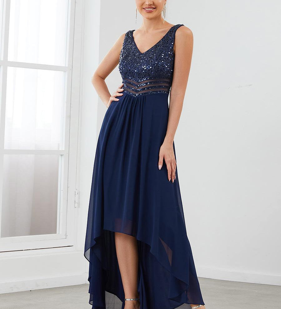 Robes de soirée sexy en mousseline de soie maxi haut-bas avec paillettes
