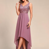 Robes de soirée sexy en mousseline de soie maxi haut-bas avec paillettes