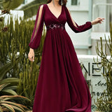 ever AMOUR|Robe de Soiree Longue Elegante Avec Lanterne en V Profond a Manches Fendues et Appliques