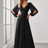ever AMOUR|Robe de Soiree Longue Elegante Avec Lanterne en V Profond a Manches Fendues et Appliques